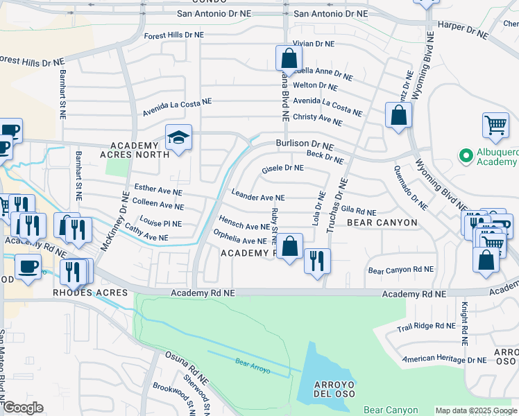 map of restaurants, bars, coffee shops, grocery stores, and more near 6709 Esther Avenue Northeast in Albuquerque