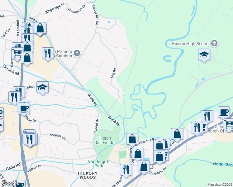 map of restaurants, bars, coffee shops, grocery stores, and more near 6011 Mill Road in Chattanooga