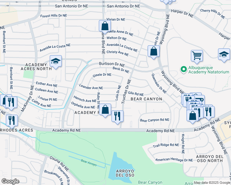 map of restaurants, bars, coffee shops, grocery stores, and more near 7105 Esther Avenue Northeast in Albuquerque