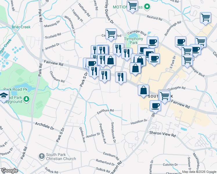 map of restaurants, bars, coffee shops, grocery stores, and more near 6010 Fairview Road in Charlotte