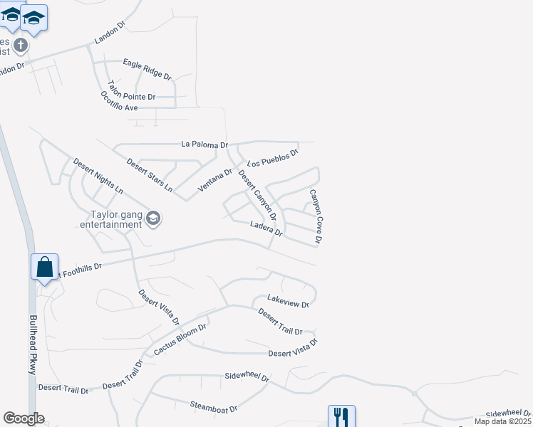 map of restaurants, bars, coffee shops, grocery stores, and more near 1070 Desert View Ln in Bullhead City
