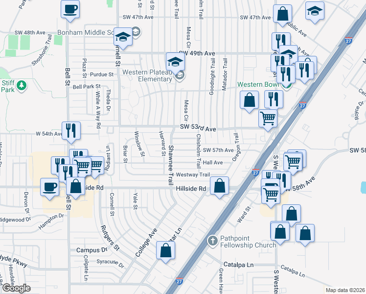 map of restaurants, bars, coffee shops, grocery stores, and more near 5012 Southwest 57th Avenue in Amarillo