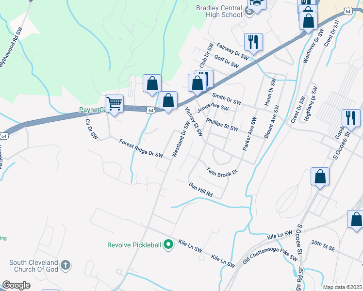 map of restaurants, bars, coffee shops, grocery stores, and more near 1713 Westland Drive Southwest in Cleveland