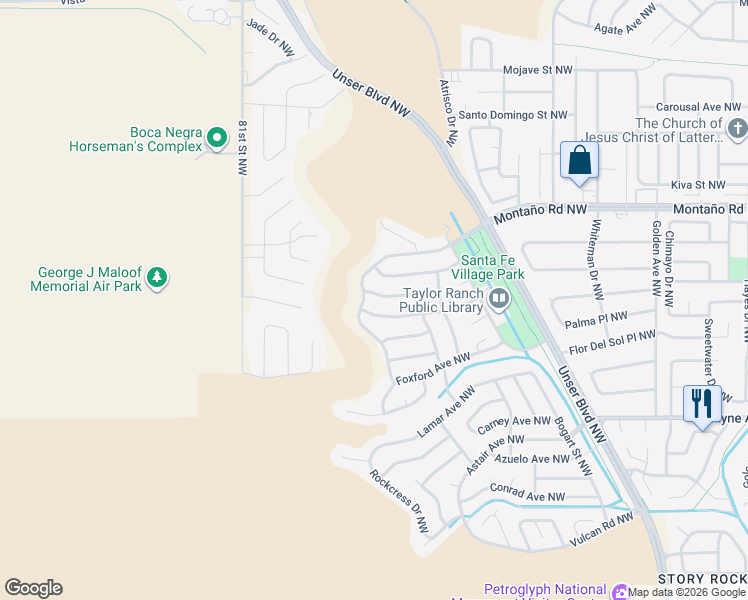 map of restaurants, bars, coffee shops, grocery stores, and more near 7312 Keel Avenue Northwest in Albuquerque