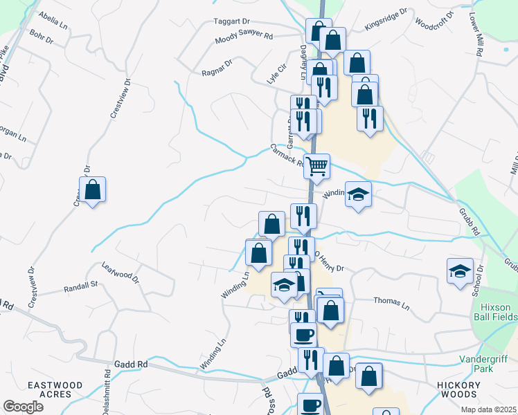 map of restaurants, bars, coffee shops, grocery stores, and more near 822 Sutton Drive in Chattanooga