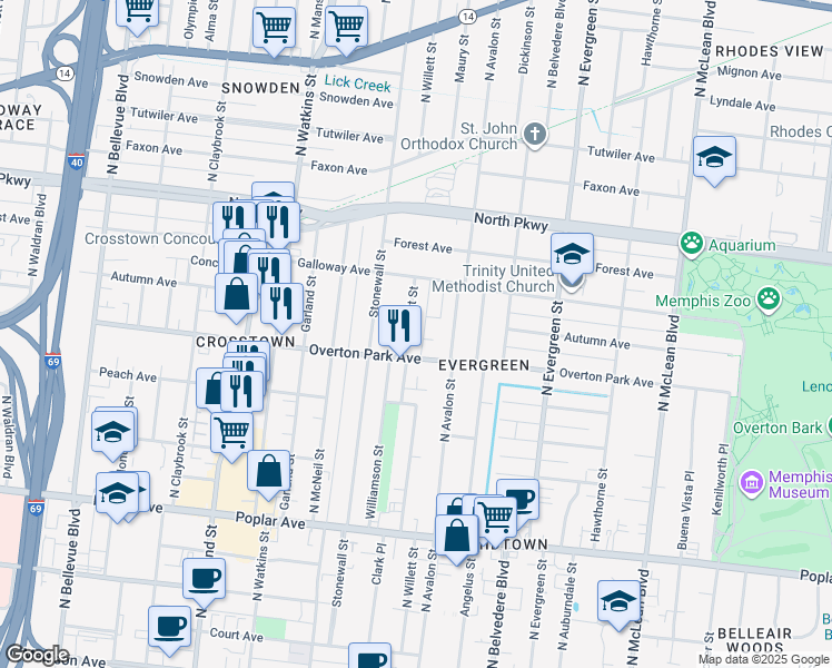 map of restaurants, bars, coffee shops, grocery stores, and more near 420 North Willett Street in Memphis