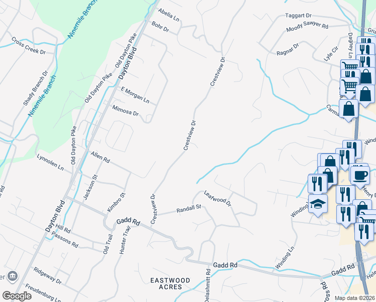 map of restaurants, bars, coffee shops, grocery stores, and more near 5530 Crestview Drive in Chattanooga