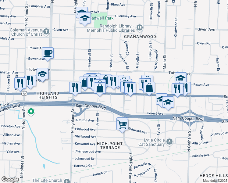 map of restaurants, bars, coffee shops, grocery stores, and more near 3670 U.S. 70 in Memphis