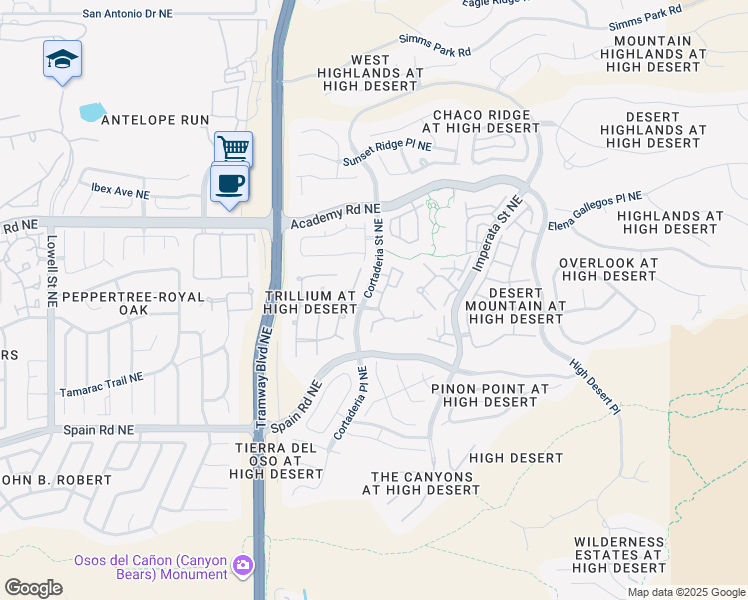 map of restaurants, bars, coffee shops, grocery stores, and more near 6000 Cortaderia Street Northeast in Albuquerque