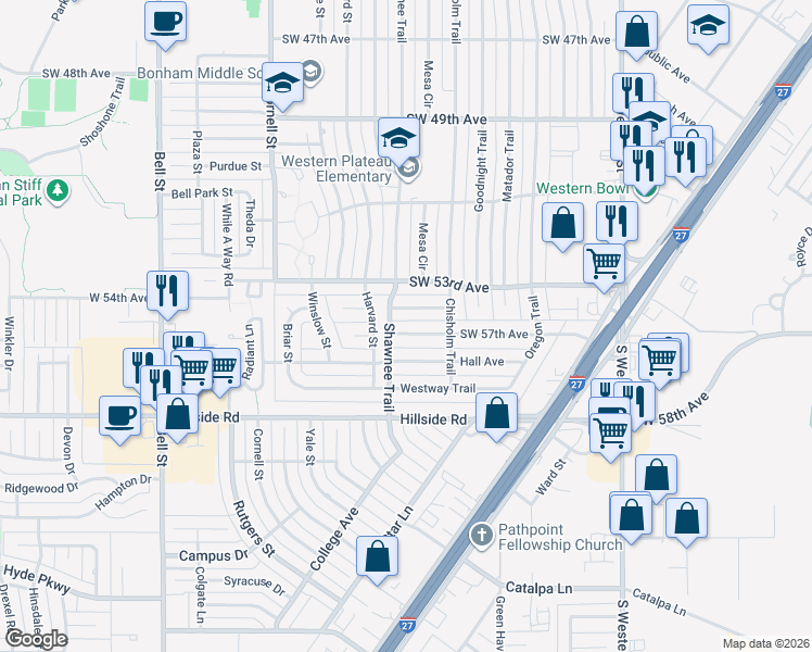 map of restaurants, bars, coffee shops, grocery stores, and more near 5012 Southwest 57th Avenue in Amarillo