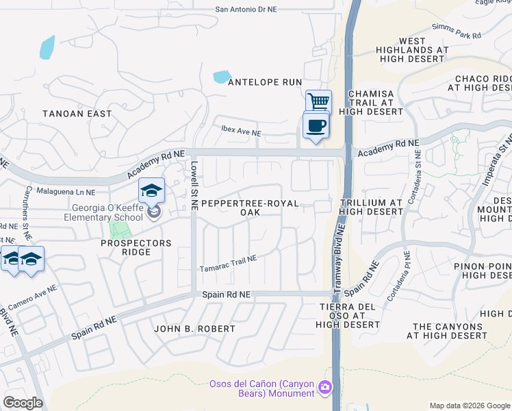 map of restaurants, bars, coffee shops, grocery stores, and more near 12108 Hickory Court Northeast in Albuquerque