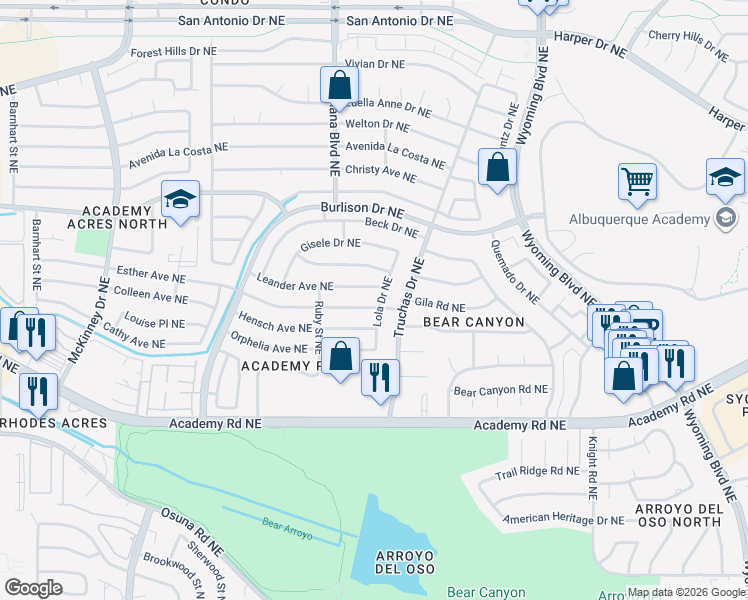 map of restaurants, bars, coffee shops, grocery stores, and more near 7105 Esther Avenue Northeast in Albuquerque