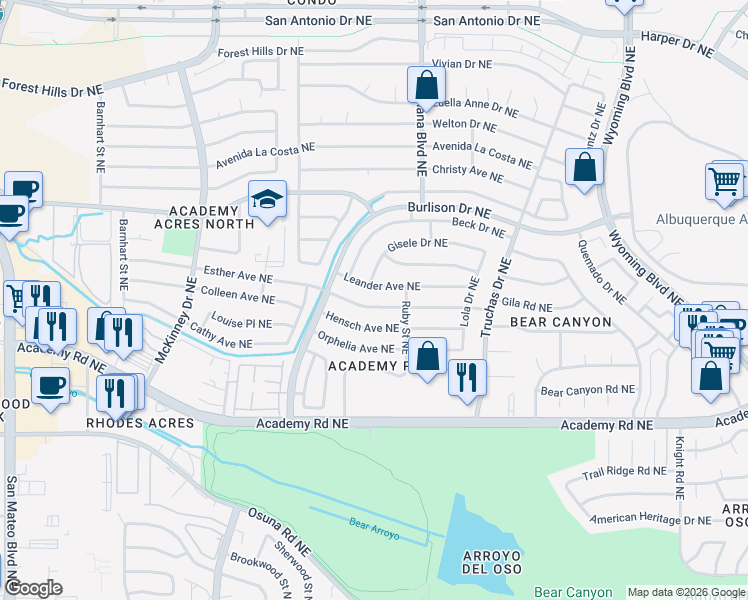 map of restaurants, bars, coffee shops, grocery stores, and more near 6709 Esther Avenue Northeast in Albuquerque