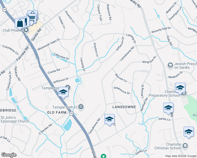map of restaurants, bars, coffee shops, grocery stores, and more near 610 Lansdowne Road in Charlotte