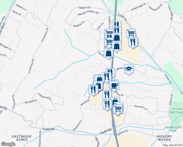 map of restaurants, bars, coffee shops, grocery stores, and more near 822 Sutton Drive in Chattanooga