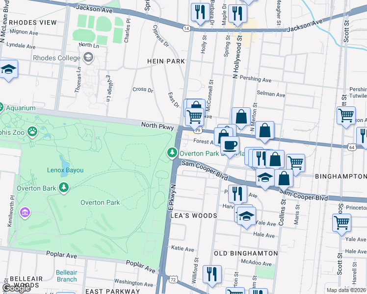 map of restaurants, bars, coffee shops, grocery stores, and more near 2342 Parkway Place in Memphis