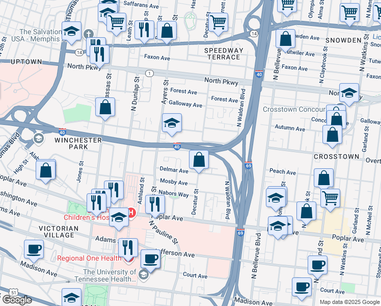 map of restaurants, bars, coffee shops, grocery stores, and more near 981 Peach Avenue in Memphis