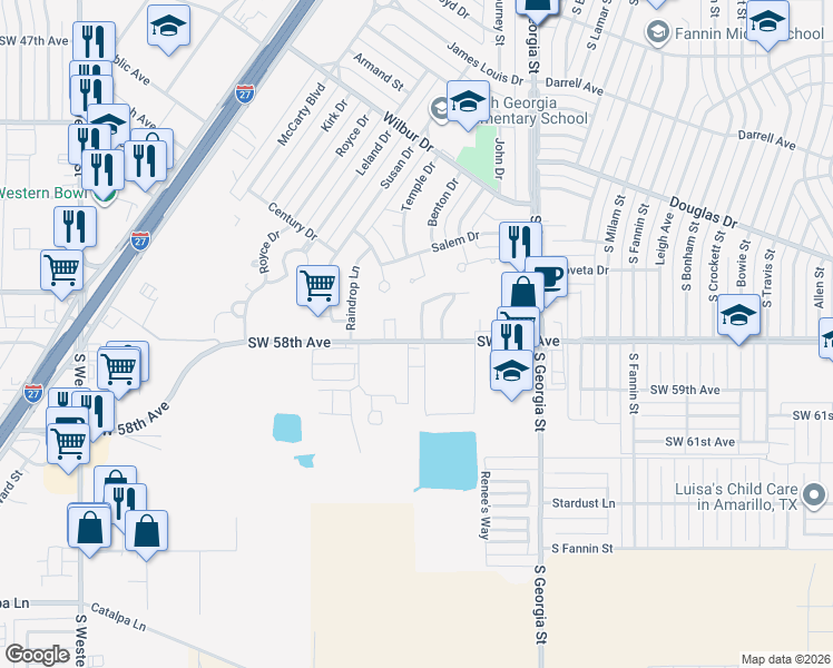 map of restaurants, bars, coffee shops, grocery stores, and more near 5718 Laguna Drive in Amarillo