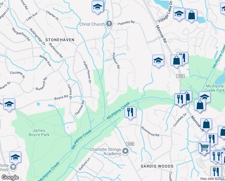 map of restaurants, bars, coffee shops, grocery stores, and more near 6026 Coltswood Court in Charlotte