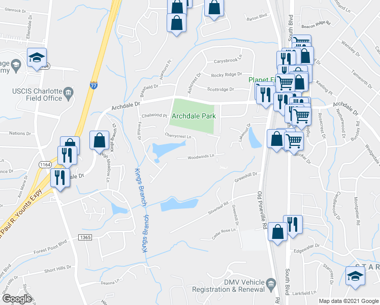map of restaurants, bars, coffee shops, grocery stores, and more near 5015 Cherrycrest Lane in Charlotte