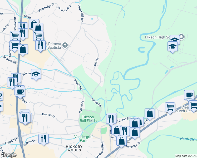 map of restaurants, bars, coffee shops, grocery stores, and more near 6011 Mill Road in Chattanooga