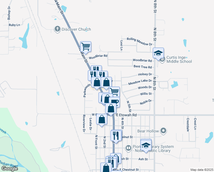 map of restaurants, bars, coffee shops, grocery stores, and more near 908 Aspen Court in Noble