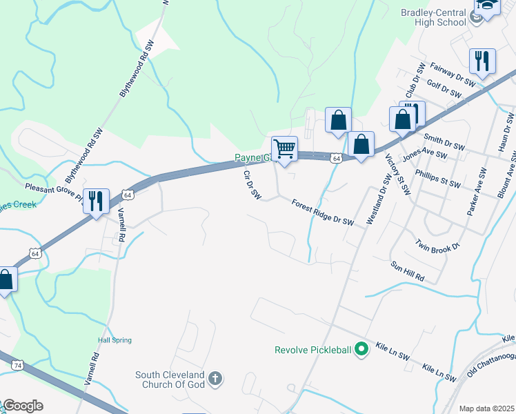 map of restaurants, bars, coffee shops, grocery stores, and more near 1923 Southwest Forest Circle Drive in Cleveland