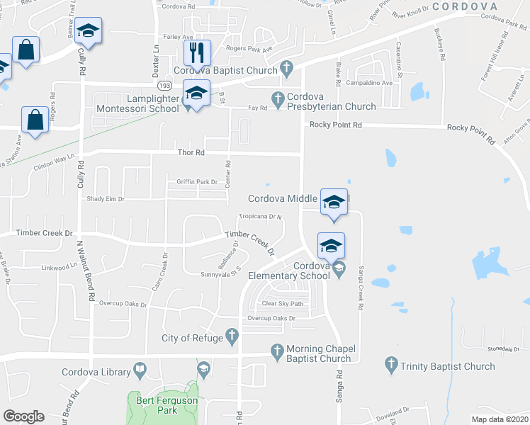 map of restaurants, bars, coffee shops, grocery stores, and more near 8684 Tropicana Drive North in Cordova