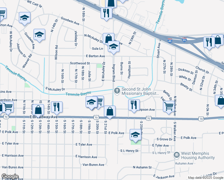 map of restaurants, bars, coffee shops, grocery stores, and more near 382 Ingram Boulevard in West Memphis