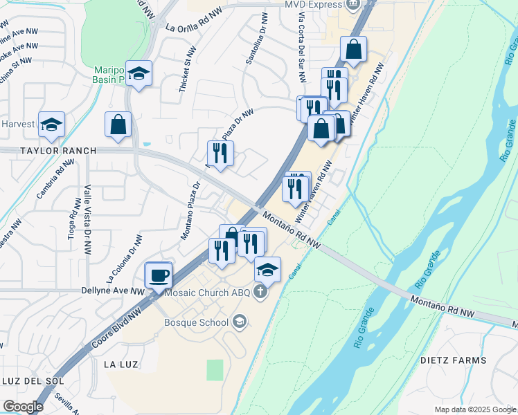 map of restaurants, bars, coffee shops, grocery stores, and more near in Albuquerque