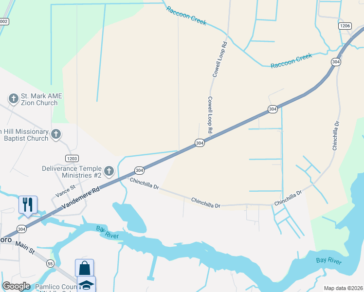 map of restaurants, bars, coffee shops, grocery stores, and more near 1035 North Carolina 304 in Bayboro