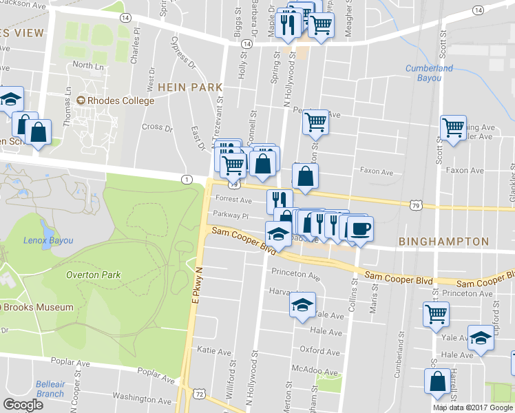 map of restaurants, bars, coffee shops, grocery stores, and more near 2406 Parkway Place in Memphis