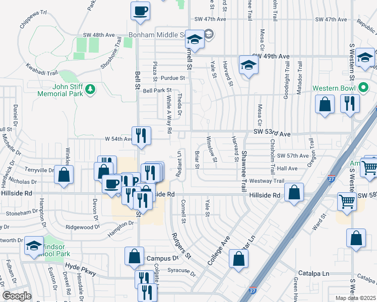 map of restaurants, bars, coffee shops, grocery stores, and more near 5325 Contented Lane in Amarillo