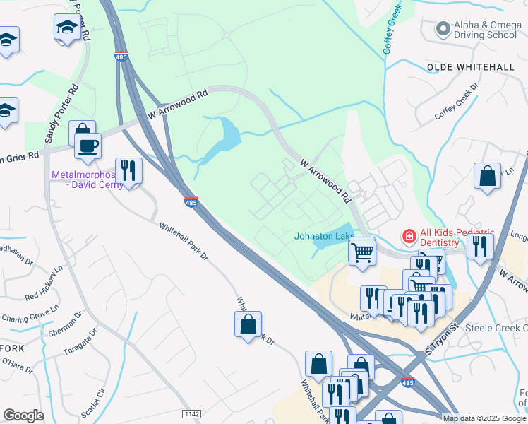 map of restaurants, bars, coffee shops, grocery stores, and more near 8111 Whitehall Executive Center Drive in Charlotte