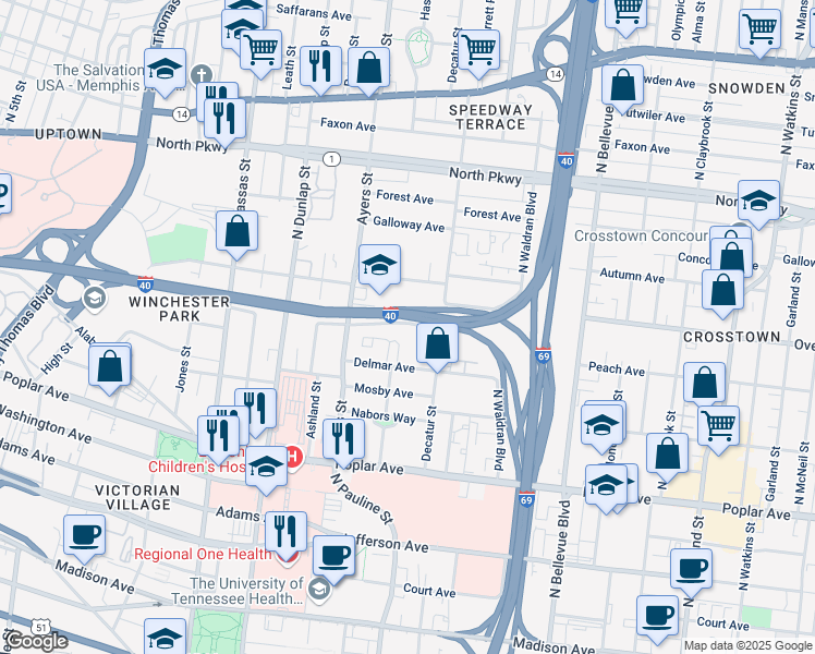 map of restaurants, bars, coffee shops, grocery stores, and more near 981 Peach Avenue in Memphis