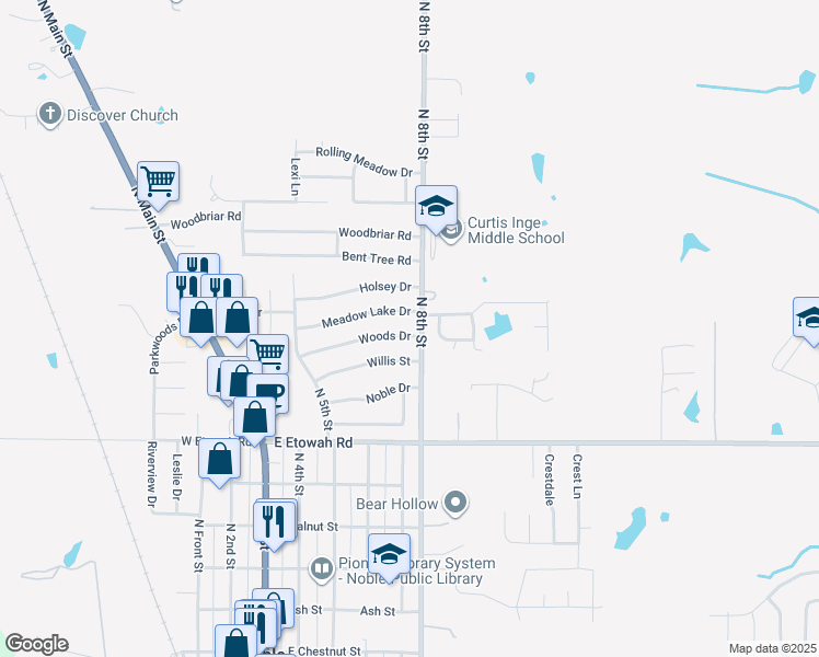 map of restaurants, bars, coffee shops, grocery stores, and more near 703 Woods Dr in Noble