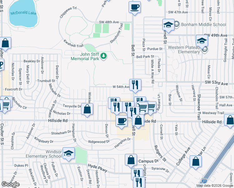 map of restaurants, bars, coffee shops, grocery stores, and more near 6201 Southwest 54th Avenue in Amarillo