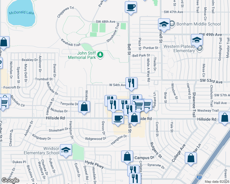 map of restaurants, bars, coffee shops, grocery stores, and more near 6201 Southwest 54th Avenue in Amarillo