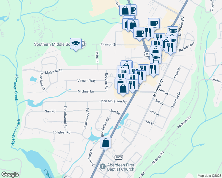 map of restaurants, bars, coffee shops, grocery stores, and more near 1206 Wilshire Circle in Aberdeen