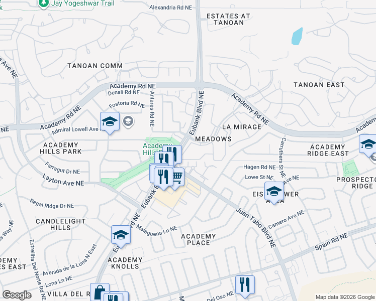 map of restaurants, bars, coffee shops, grocery stores, and more near 6200 Eubank Boulevard Northeast in Albuquerque