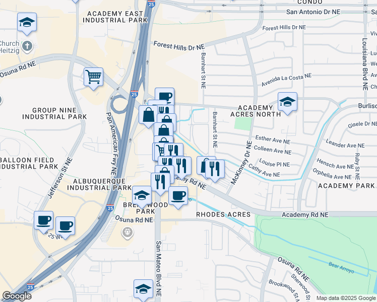 map of restaurants, bars, coffee shops, grocery stores, and more near Unnamed Road in Albuquerque
