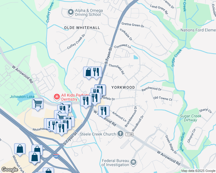 map of restaurants, bars, coffee shops, grocery stores, and more near 7735 Holliswood Court in Charlotte