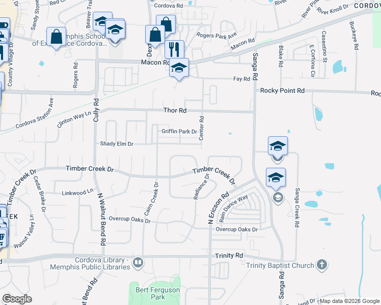 map of restaurants, bars, coffee shops, grocery stores, and more near 890 Sun Vista Drive North in Memphis