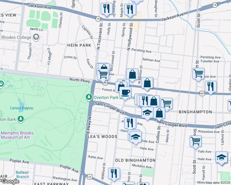 map of restaurants, bars, coffee shops, grocery stores, and more near 2406 Parkway Place in Memphis
