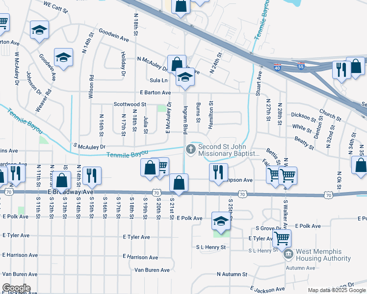 map of restaurants, bars, coffee shops, grocery stores, and more near 382 Ingram Boulevard in West Memphis