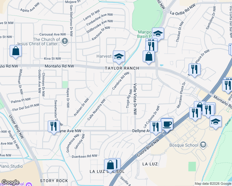 map of restaurants, bars, coffee shops, grocery stores, and more near 5305 College Heights Drive Northwest in Albuquerque