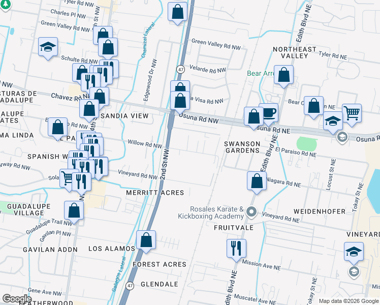 map of restaurants, bars, coffee shops, grocery stores, and more near 152 Willow Road Northwest in Albuquerque
