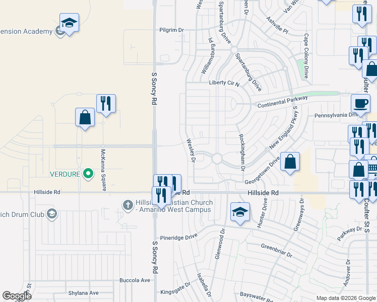 map of restaurants, bars, coffee shops, grocery stores, and more near 5708 Wesley Drive in Amarillo