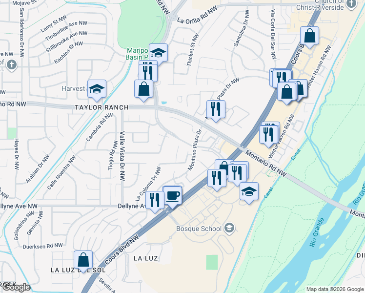 map of restaurants, bars, coffee shops, grocery stores, and more near 5701 Altima Place Northwest in Albuquerque