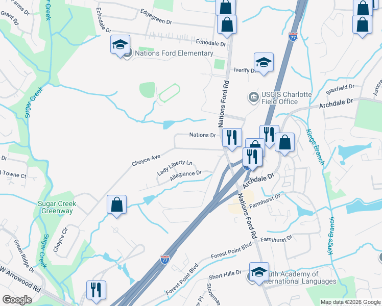 map of restaurants, bars, coffee shops, grocery stores, and more near 7605 Lady Liberty Lane in Charlotte